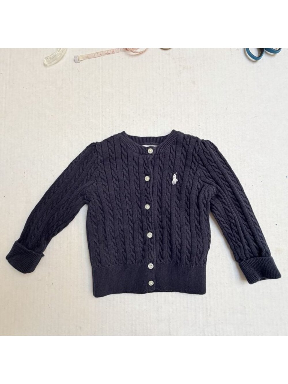 Ralph Lauren Mini Cableknit Pony Cotton Cardigan Toddler 12M Navy Blue Cuffed